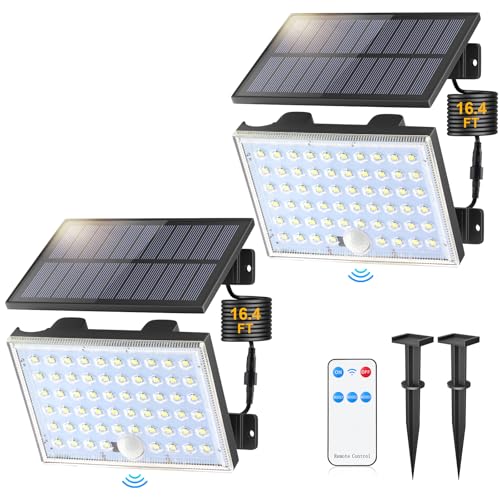 MATAMEYE Solar Lights Outdoor, 3 Modes Split Motion Sensor Flood Lighting with Remote, IP65 Waterproof Solar Lamps Outside with 16.4ft Cable, LED Security Lights for Yard Patio Garage, 2 Pack