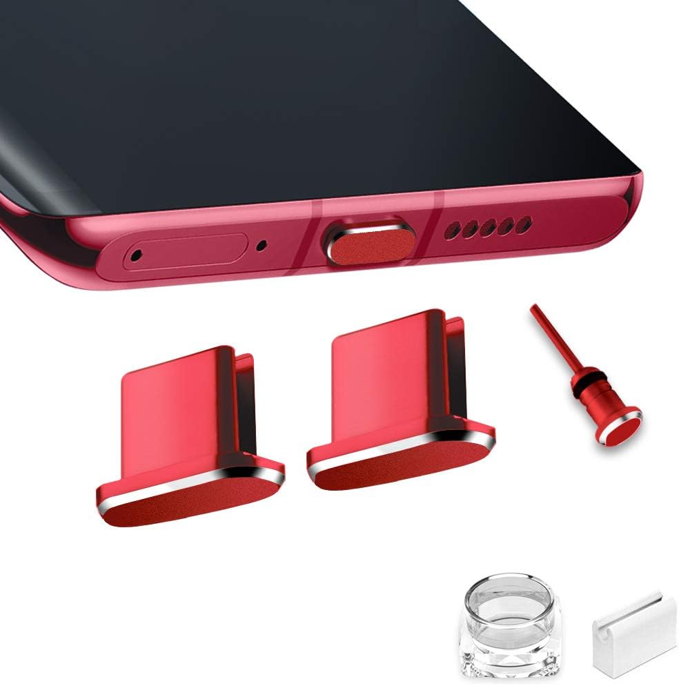 VIWIEU USB Type C Port Dust Cover Plug Cap 2 Metal Anti Dust Protectors for Smartphone MacBook Pro Air Laptop Charging Port with SIM Card Removal Pin Compatible with Samsung Galaxy S20/Note 20(Red)