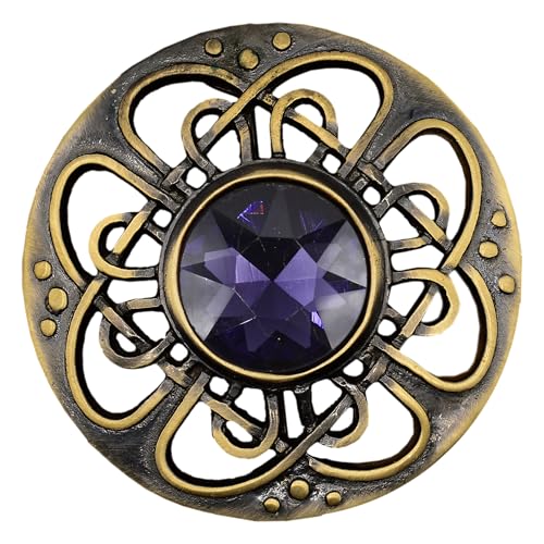 Image of Elegant Culloden Plaid Brooch - Scottish Kilt Fly Plaid Brooch Intricate Celtic Knot in Pewter with Gemstone 3-Inch Diameter - Ideal for Scottish Kilts & Formal Wear