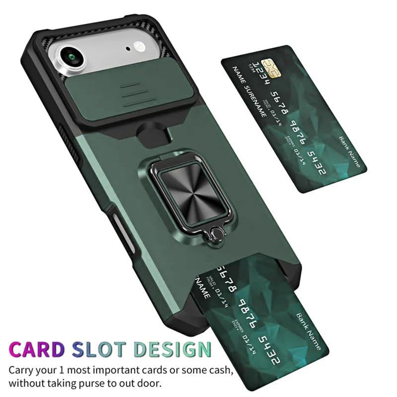 Image of LuxuryKase Shockproof Armor Case for iPhone Air | Slide Camera Cover | Hidden Card Slot | Rotating Ring Kickstand | Magnetic Car Mount Support | Military Grade Protection - Green