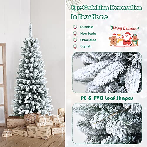Goplus 4.5Ft Snow Flocked Pencil Christmas Tree, Hinged Artificial Slim Xmas Tree W/ 373 Branch Tips, Folding Metal Stand, Premium Pe & Pvc Material, Unlit Snowy Pine Tree For Indoor Home Office #TOP2