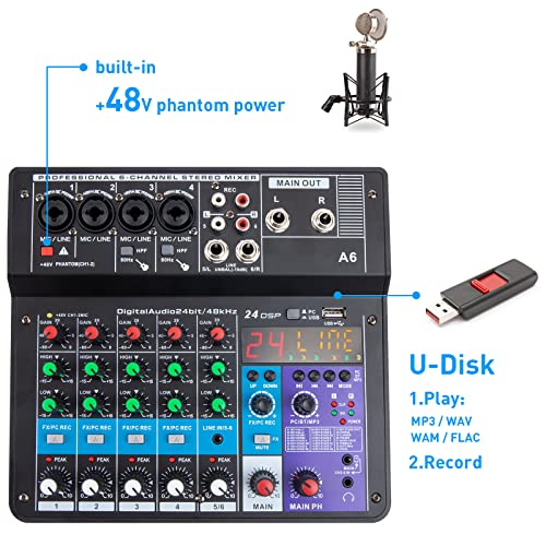 6 Channel Audio Mixer - Portable Digital Line Mixer Console Build-In 24 Dsp Effects Bt Function 48V Phantom Power For Karaoke Streaming By Youshares #TOP3