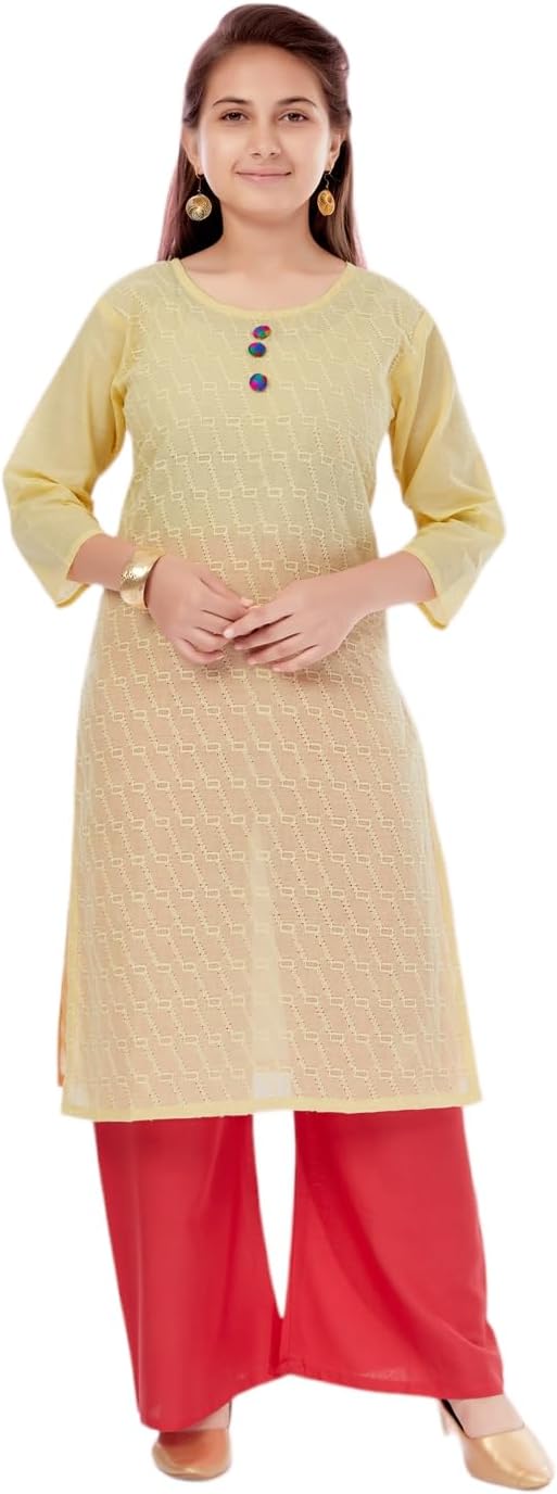 AarikaGirls Casual Wear Yellow Colour Embroidery Cotton Kurti