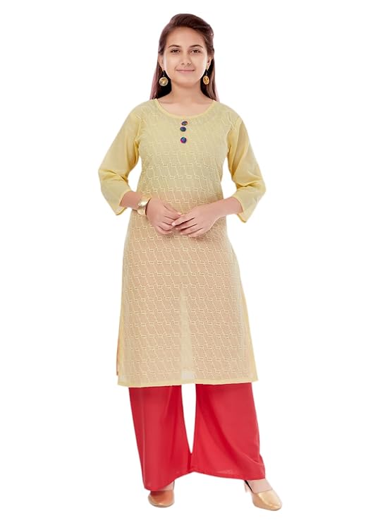 Aarika Girls Casual Wear Yellow Colour Embroidery Cotton Kurti