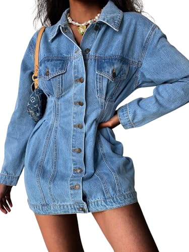 Denim Dress For Women Jackets Button Up Long Sleeve Lapel Basic Trendy Jean Romper