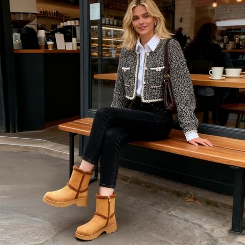 Womens Snow Boots with Zipper, Low Chunky Heel Mid-calf Slip On Boot Platform Riding Walking Outdoor Booties3