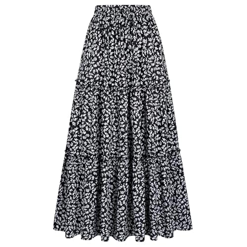Arolina Women's Summer Maxi Skirt Trendy High Waist Pleated Ruffle Long Skirts Flowy Beach Boho Skirt Dress with Pockets Black Flowers Small