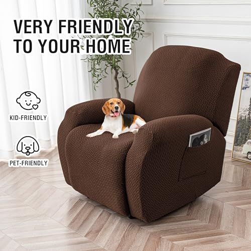 Image of Genina Recliner Chair Covers, Stretch Reclining Chair Cover, Recliner Sofa Slipcovers Stripe Jacquard Lazy Couch Covers Furniture Protector Covers for Pet Kid (Chocolate, 1 Seat)