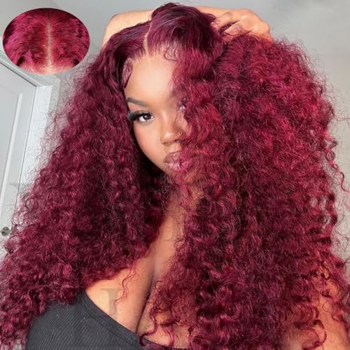V SHOW 99J Burgundy Lace Front Wigs Human Hair 180% Density Deep Wave 7x5 HD Lace Closure Wig Human Hair Wine Red Glueless Wigs Human Hair Pre Plucked Pre Cut Burgundy Wig 20 Inch