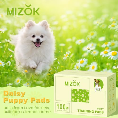 Image of MIZOK Puppy Pads 22 inchx22 inch, Dog Pee Pads 6-Layer Super Absorbent & Leak-Proof, Daisy Pattern, 4-Corner Adhesive Tabs, Wee Wee Pads for Puppies & Small Dog Breeds, Regular Size (100 Counts)