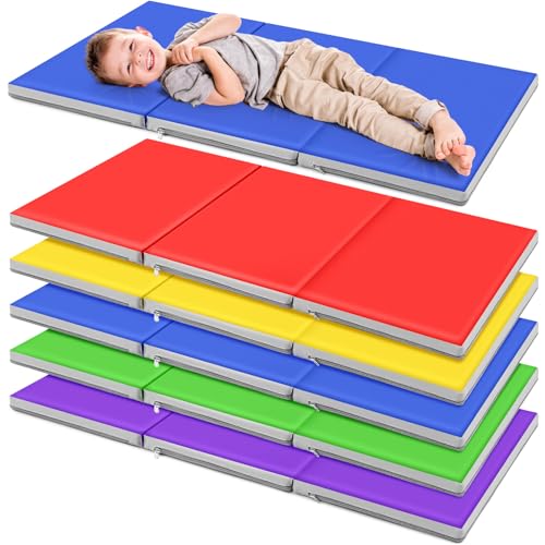 Image of Wesiti 5 Pcs Kids Nap Mats for Preschool Daycare Bulk, Multicolor | 1.37 inch Thick 3 Section Sleeping Mats for Toddler, Waterproof, Kindergarten Classroom Back to School Supplies, 47 inchL x 24 inch W