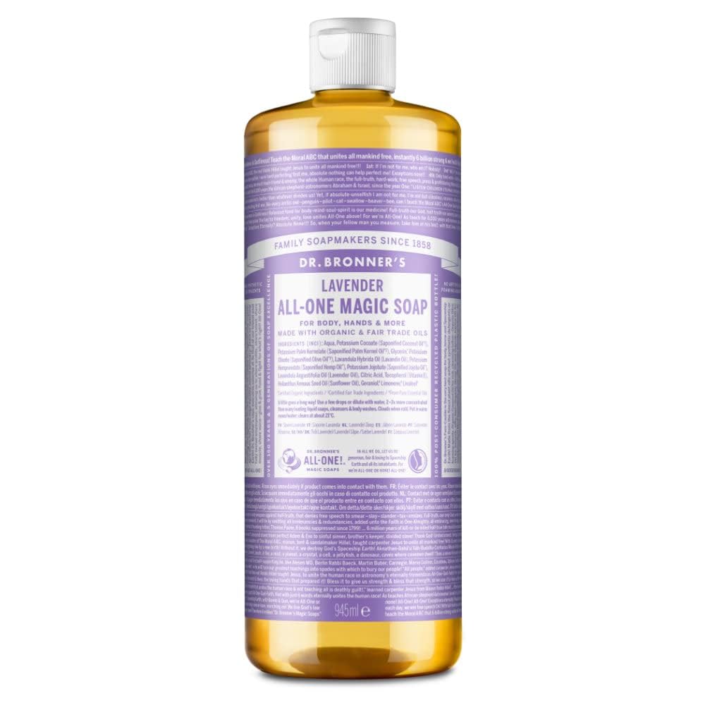 Dr Bronner's Lavender All-One Magic Soap, Made with Organic Oils, Used for Face, Body, Hair, Dishes, Mopping and Pets, Certified Fair Trade & Vegan Friendly, 945ml Recycled Bottle