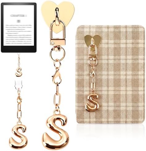 Kindle Dust Plug Charm & Chain, Alphabet Letter Charms with Removable Heart Hook, Type-C Charger Port Dust Plug Accessories Compatible with Kindle E-Reader/Tablet/Phone, Gifts for Book Lovers (Letter S)