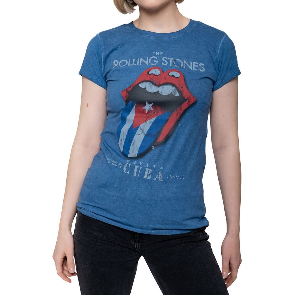 The Rolling Stones Women's Havana Cuba with Snow Wash Finishing Regular Fit Crew Neck Short Sleeve T - Shirt, Blue (Blue Blue), 14 (Manufacturer Size: Womens: 14)