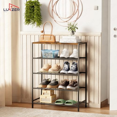 Image of Lukzer 4 Layer Multipurpose Shoe Rack Space Saving Open Storage Shelf for Daily Footwear, Books & Indoor Plants | Compact Freestanding Shoe Stand for Entryway, Balcony & Bedrooms - Black