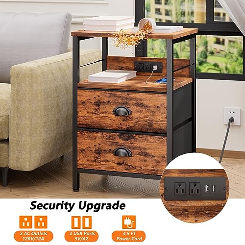 image for Furologee End Table with Charging Station, Nightstand with Fabric Draw
