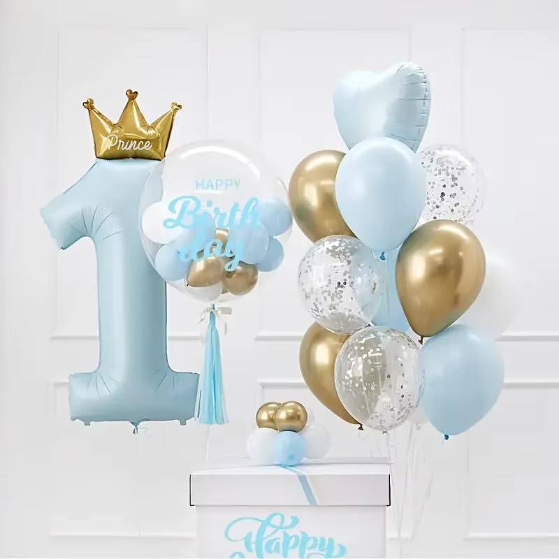 Atpata Funky Jumbo Number 1 Balloon with Crown for Baby 1st Birthday – 24pcs Complete Balloon Set with Bobo, Heart & Confetti Balloons for Prince Princess Theme Party Decoration (Blue)