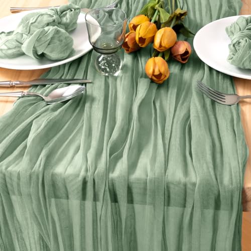 Image of MLMC 8 Pack Sage Green Table Runner 10ft Rustic Gauze Summer Cheesecloth Table Runner 35x120 Inches Cheese Cloth for Boho Wedding Bridal Shower Centerpiece Decor