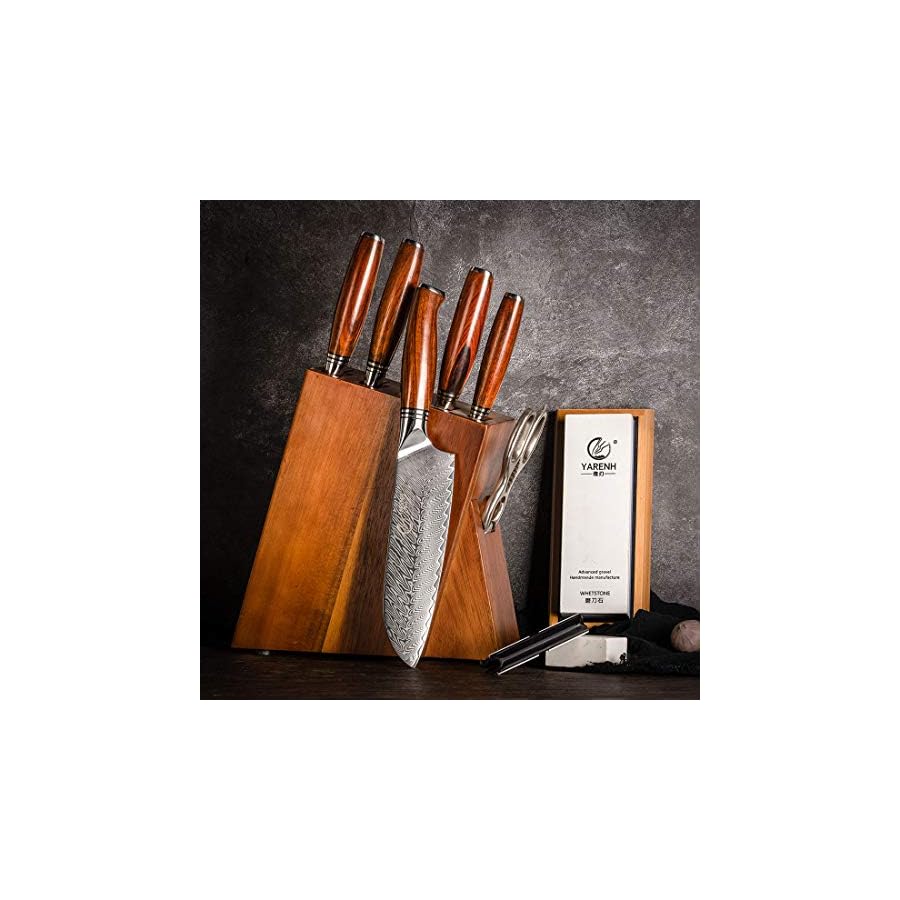 YARENH Kitchen Knife Set with Block, 8 Piece, Sharp Professional Chef Knife, 73 Layers Damascus High Carbon Stainless Steel, Full Tang Sandalwood Handle, Gift Box