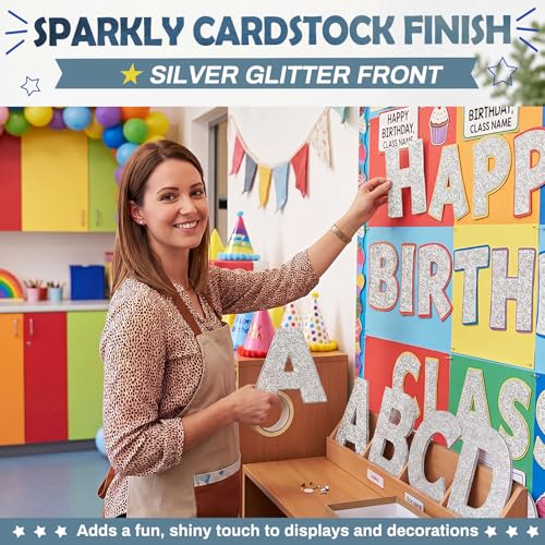 Image of Colarr 216 Pcs 7 Inch Glitter Bulletin Board Letters Large for Classroom Alphabet Punctuation Symbol Cutout Die-Cut Poster Letter with Adhesive Dot School Party Holiday Decor Display(Silver)