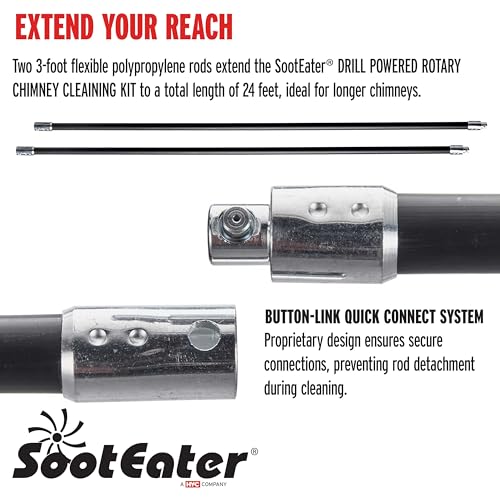 Gardus SootEater Rotary Chimney Rod Set - 6' Rotary Black Chimney Cleaner Extension Rods Kit w/a Quick-Connect System, for Long Chimney Pole, CRD307. - Thumbnail 2