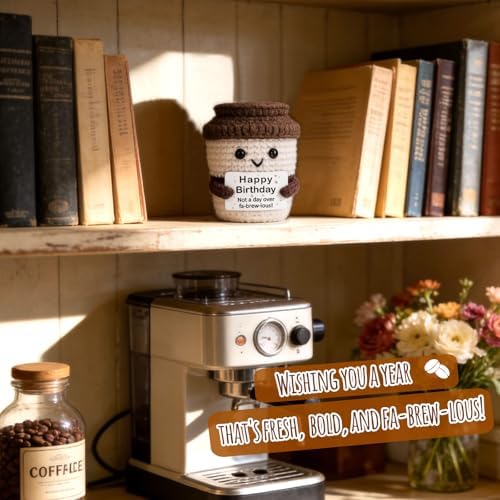 Birthday Gifts for Man Woman Dad Handmade Crochet Coffee with Inspirational Funny Birthday Card for Coffee Lover Coworkers Friend Teacher Nurse Boyfriend Girlfriend Sister Brother Mom Dad BFF — view 3