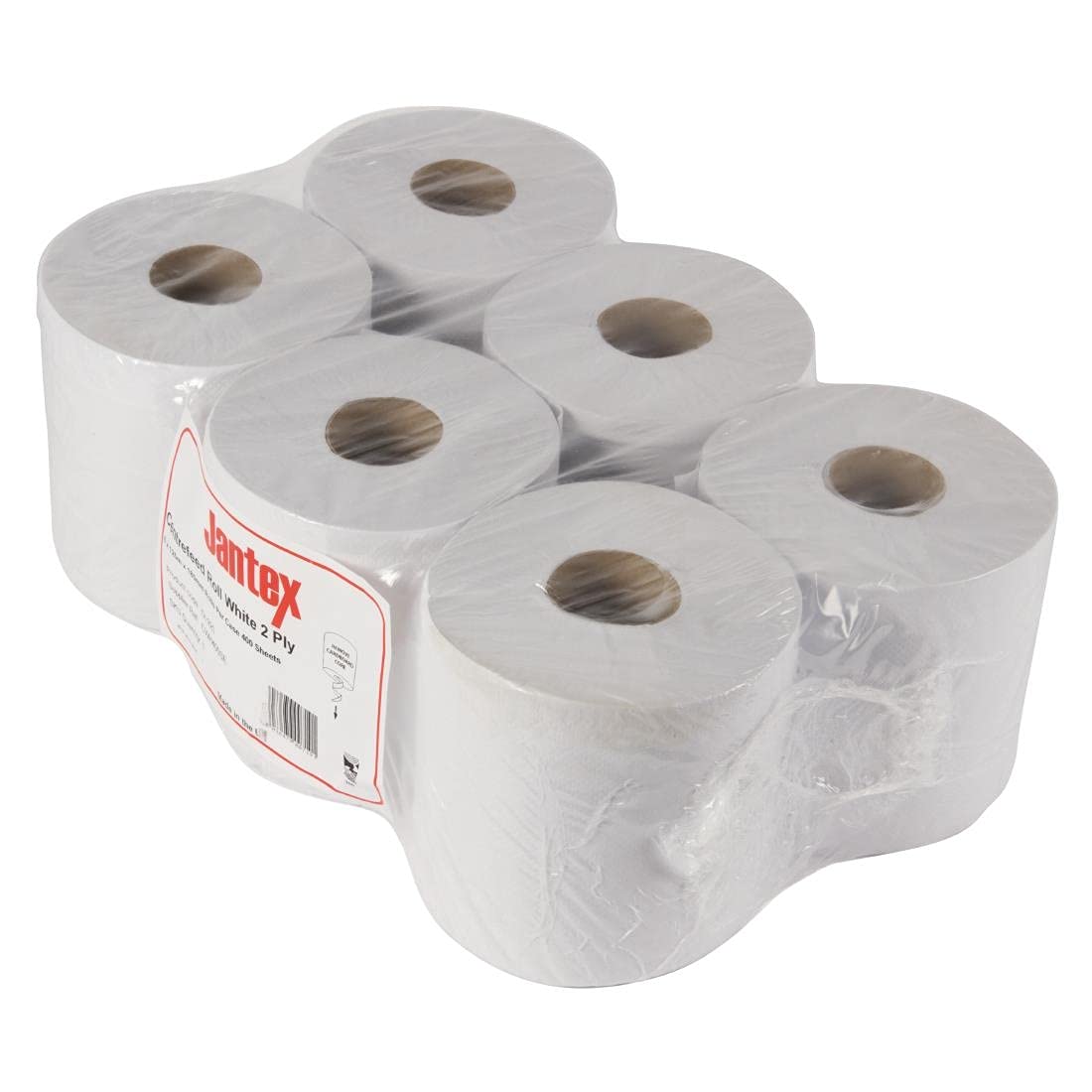 Jantex Rouleau d'Essuyage Dévidage Central Blanc 2 Plis / 120 m par Rouleau (Lot de 6), Blanc, Environ 400 Feuilles par Rouleau, Accrédité CHSA, Matériau Recyclé, DL920