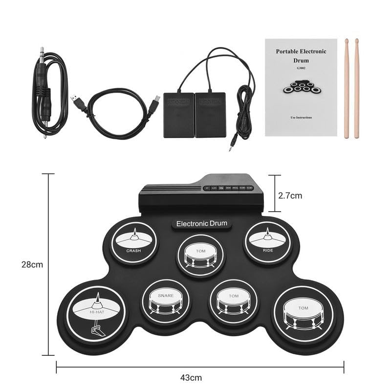 Image of Suptikes Portable Silicon Electronic Drum Kit, Roll Up Digital Drum Pad Set with Drumsticks, Foot Pedals, USB Connection, Headphone Jack,Compact Practice Instrument Without Speacker - Black