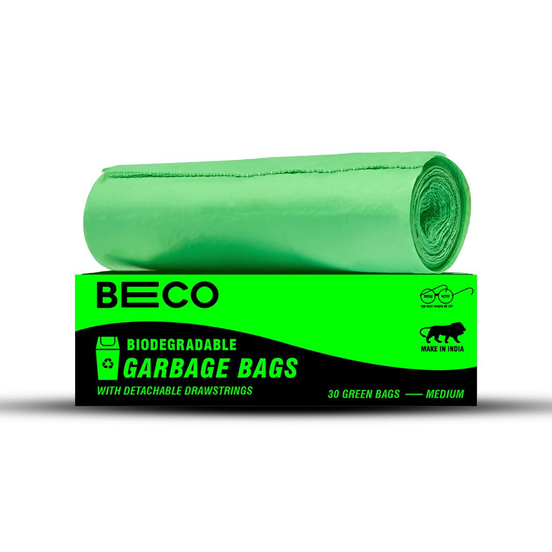 Beco Eco-Friendly Garbage Bags | 30 Pcs | Medium-19 x 21 Inches | 30 Bags x 1 Rolls | Green | Dustbin/Trash Bags with Detachable Drawstrings | For Dry & Wet waste