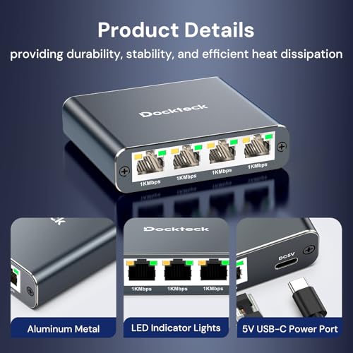 Image of Ethernet Splitter 1 to 4 1000Mbps, Dockteck Internet Cable Splitter 1 in 4 Out High Speed Switch Network Gigabit for LAN RJ45 Port Router Switch Work with Cat5 /5e /6 /7 /8 Cable (Silver Grey)