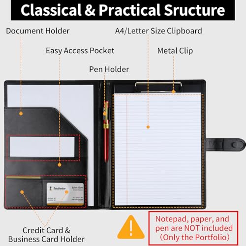 professional padfolio with clipboard faux leather portfolio folder binder legal pad holder for a4 letter size notepad resume writing pad ideal organizer for business office conference black