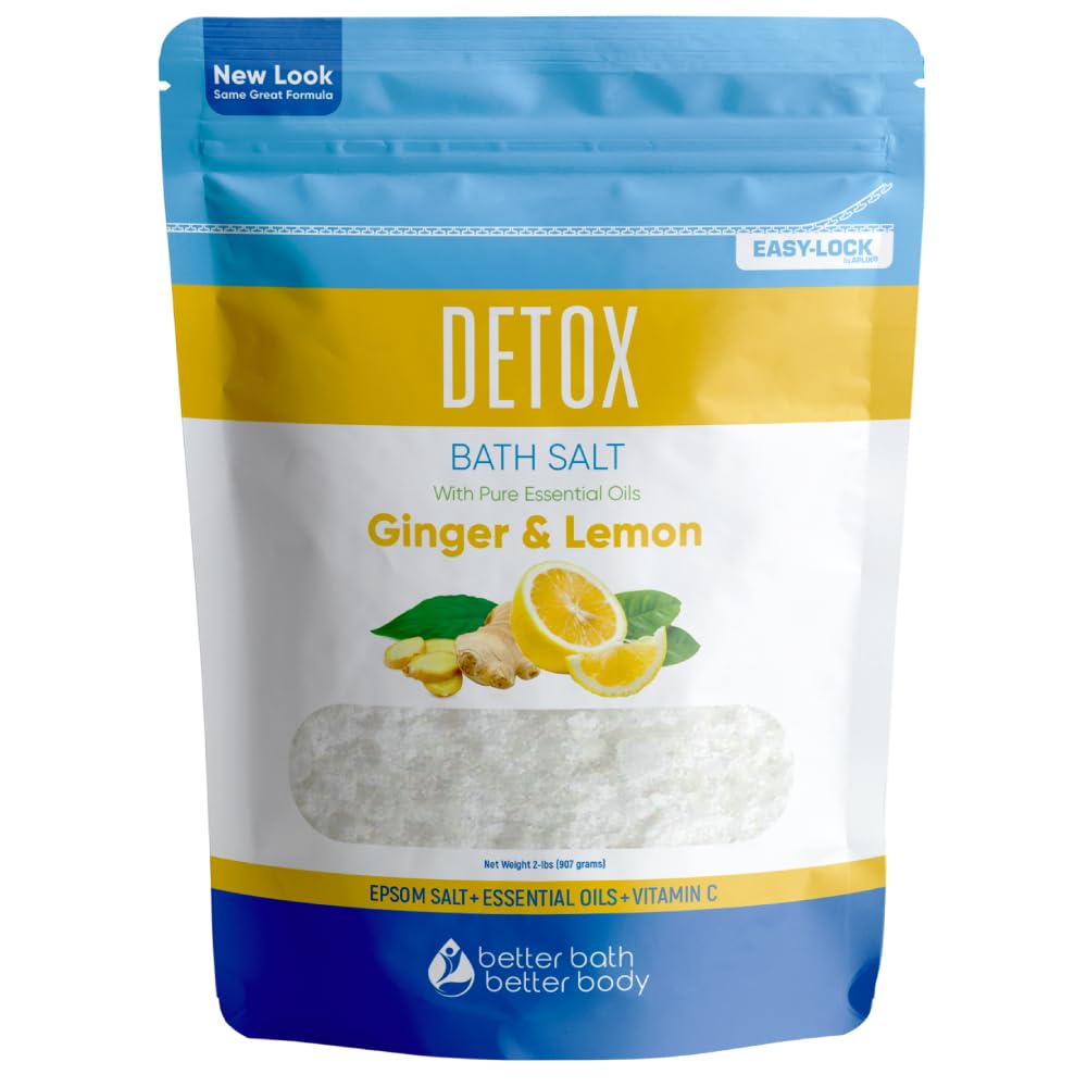 Sels de bain détox 907 ml de sel d'Epsom aux huiles essentielles naturelles de gingembre et de citron plus vitamine C dans un sac sans BPA avec fermeture éclair