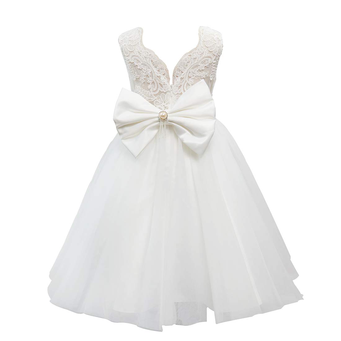 Miama Ivory Tulle Ivory Lace V Back Wedding Flower Girl Dress Christening Communion Dress 2T