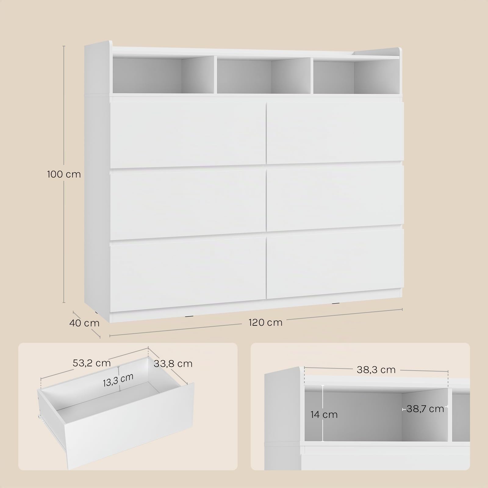 WOLTU Cassettiera con 6 Cassetti, Mobiletto Salvaspazio | con 3 Scomparti Aperti e 1 Piano a Bordi Rialzati, 120x40x100 cm, in Legno, per Camera da Letto, Soggiorno, Ingresso, Bianco
