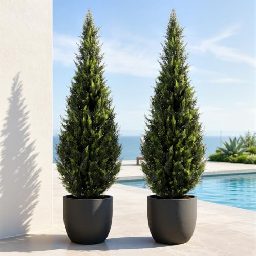 Image of Artificial Cedar Topiary Trees, 5 FT UV Resistant Faux Boxwood Plants,Front Porch Decorations Outdoor,Realistic Evergreen Cypress for Patio Decor Set of 2