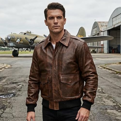 Image of Mens G-1 Fur Collar US Navy Flight Distressed Brown Aviator Genuine Leather Jacket