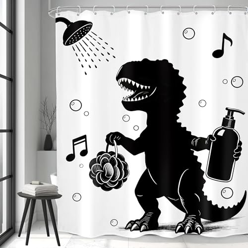 Image of Kids Funny Dinosaur Shower Curtain Bathroom Set 60Wx71H Inches Singing Dino Animal Taking Shower Cartoon Black and White Bubbles Bath Accessories Children Art Home Decor Fabric 12 Pack Hooks