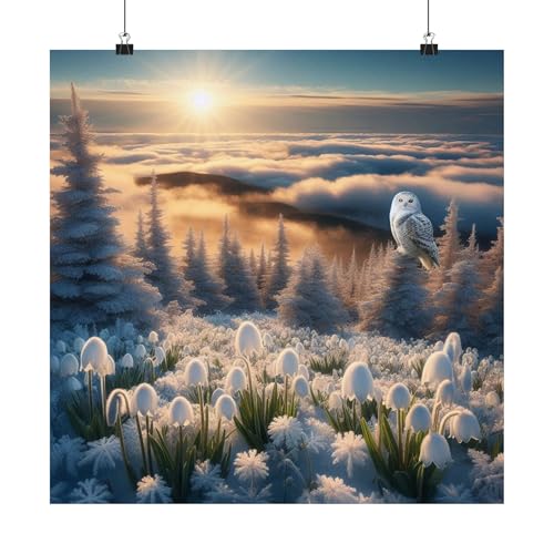 A Snowy Owl Above Frosted Pines and Snowdrops in Maine - 18x18 Inch Matte Poster - Made in USA