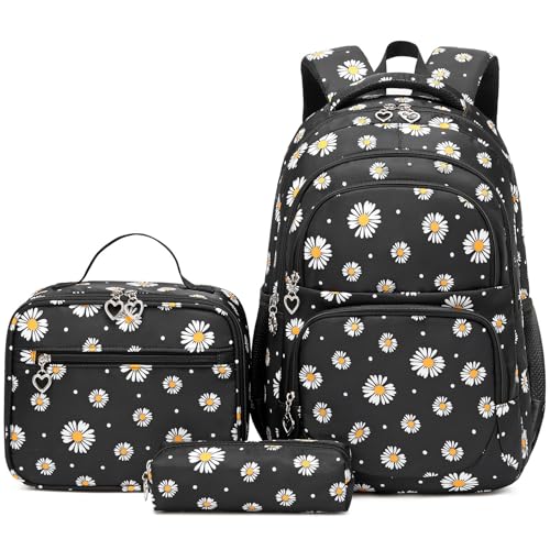 Createy Girls Backpack, Daisy Backpack for Girls School Bags Elementary Bookbags Primary School Backpack Kids Backpack with Lunch Box and Pencil Case