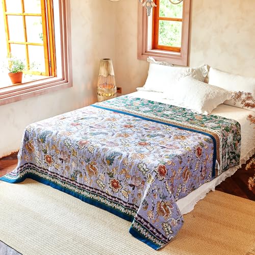 Boho Throw Blanket 60" x 80", 100% Organic Cotton Breathable Ultra Soft Bed Purple Quilt Throw - All Season Luxury Floral Farmhouse Decor Blanket for Sofa Couch Chair and Gift.