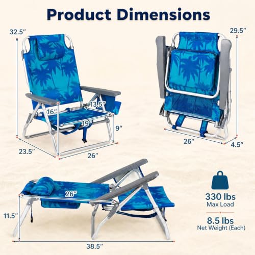 Image of Tangkula Set of 2 Backpack Beach Chair for Camping Beach Picnic | 5-Position Adjustable Backrest | Foldable, Lightweight & Portable | Cooler Bag, 2 Cup Holders, Towel Bar, Backpack Straps