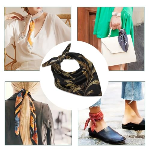 Black And Gold Head Scarf Like Silk Scarf Lightweight Fashion Satin Hair Bandanas for Women Boho Headscarf Hair Wrap Bandana Headband Handkerchief Silk Scarves for Bag Purse Neck 18 Inch4