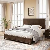 YJNKU Wood King Size Bed Frame,King Size Platform Bed with Headboard, Tall Walnut Finish, No Box Spring Needed, Durable Slat Support for Memory Foam Mattresses, Elegant Design (Walnut, King)