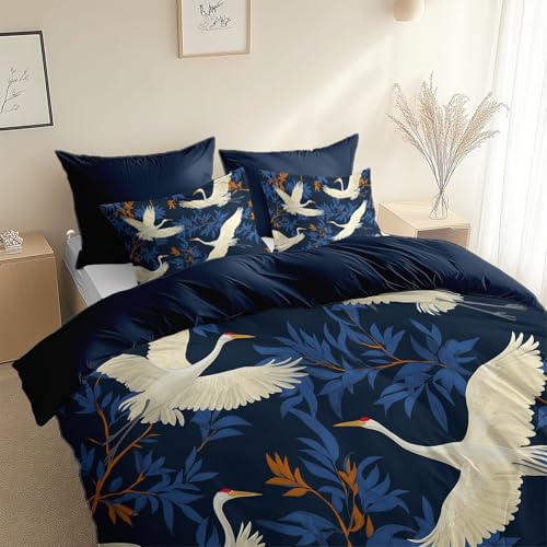 Housse de Couette Réversible 200 x 200 cm Bleu Foncé, Housse de Couette Oiseau Élégant Plante Feuille pour Enfants Adolescents Adultes - Parure de Lit Doux...