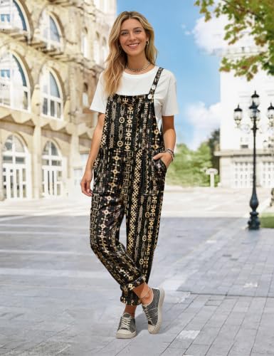 Image of YESNO Women's Overalls Cotton Boho Casual Floral Bib Jumpsuit Baggy Adjustable Strap Romper with Pockets PVV
