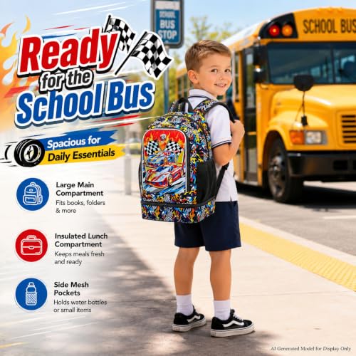 Image of HPJGD 2-in-1 Backpack for Boys, 17 inch Race Car Preschool Bookbag Set with Built-in Lunch Compartment, Kids Water-Resistant School Bag for Elementary - Thrill Racing