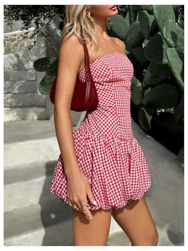 Milumia Women's Gingham Plaid Print Strapless Tube Dress Flared Mini Bubble Dresses2