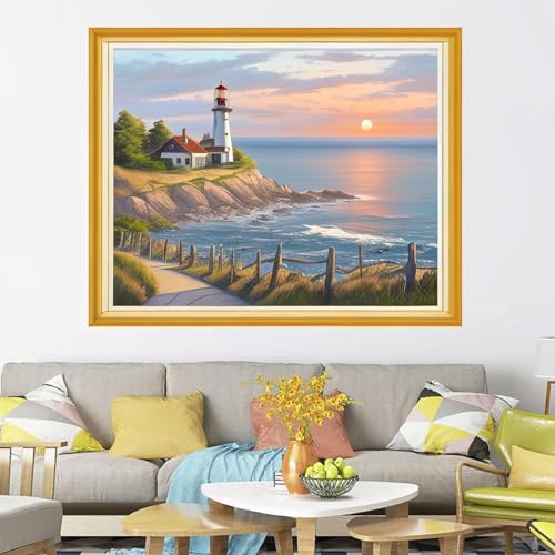 Image of Joyhoor Cross Stitch Kits for Beginners Stamped Cross-Stitch Supplies Needlework preprint Embroidery Kits for Adults DIY Needlepoint Kits Embroidery Patterns 11CT-Lighthouse Sunrise 16x20 inch