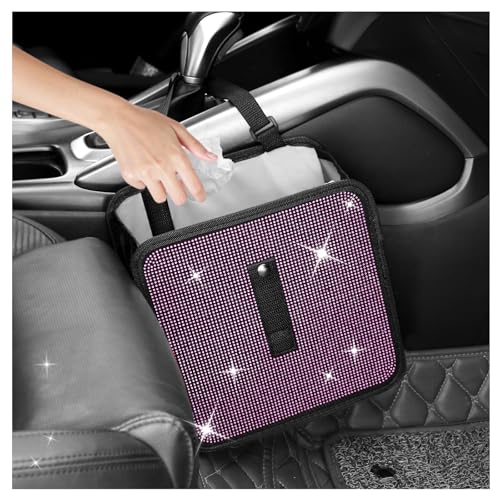 Image of Bling Car Trash Can with Rhinestone,Foldable Car Garbage Can for in-Vehicle Waste Disposal,Multipurpose Hanging Back Seat Organizer & Decorations Fit for Most Cars Trucks (Pink)