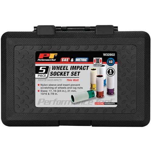 Image of Performance Tool W32902 5pc 1 /5-Inch Drive Metric& SAE Impact Socket Tool Set, 17, 19, 21mm & 13 /16-Inch, 7 /8-Inch, Non-Marring Protective Wheel Lug Nut Impact Socket Set